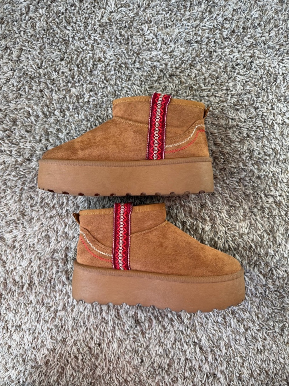 Women's Tan Faux Suede Platform Ankle Booties with Red Accent